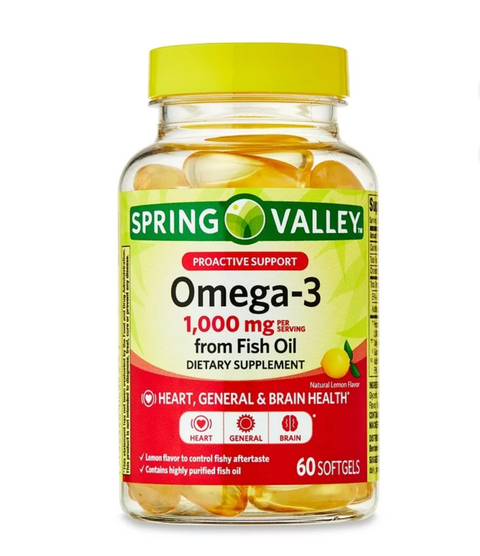 Óleo de peixe ômega-3 de Spring Valley para a saúde do coração e do cérebro, cápsulas gelatinosas de suplemento dietético, 1000 mg, 60 softgels