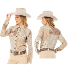 Camisa Rancho Feminina Alfaiataria Marrom com Tachas