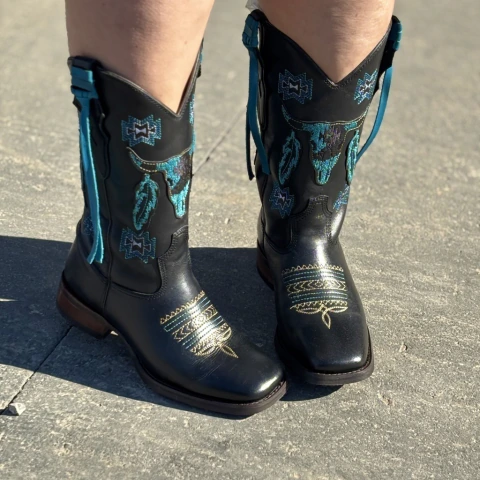 Bota Texana Xucrão Feminina Rustico Boi Azul Preta