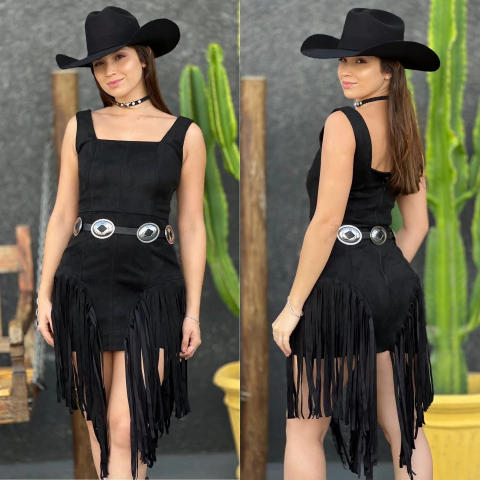 Vestido Indiana em Suede com Franjas - Preto - comprar online