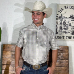 Camisa Moiadeiros Masculina Mc Xadrez Bege Logo Verde - CMC2452 - comprar online