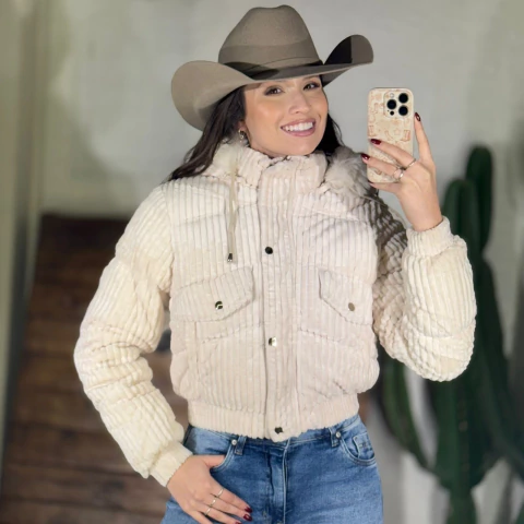 Jaqueta Cropped Puffer Cotelê Com Touca Off White - 7705 - comprar online