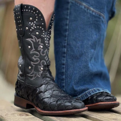 Bota Texana Goyazes Fem Couro Legítimo Pirarucu Preto - 256408-PF - comprar online