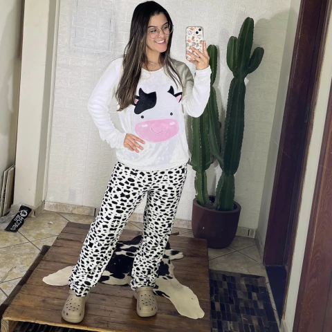 Pijama Fem Microfibra Calça e Blusa ML de Vaquinha - comprar online