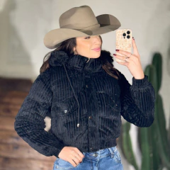 Jaqueta Cropped Puffer Cotelê Com Touca Preta - 7705 - comprar online