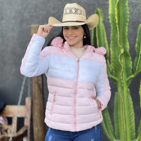 Jaqueta Puffer Feminina Forrada com Pelo - Rosa/Branca - comprar online