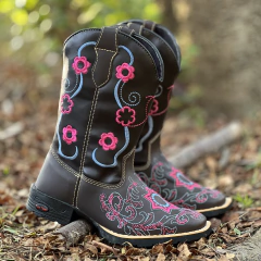 BOTA TEXANA TEX TEAM FEM BORDADA FLOR - PINK/AZUL