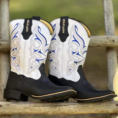 Bota Texana Apallas Couro Legitimo Jabuti Preta Cano Branco / Azul Escuro - comprar online
