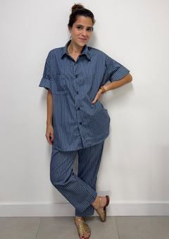 Calça Reta Denim Listrado na internet