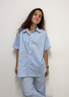 Camisa Oversized de Manga Curta Azul Algodão - MOMUÁ