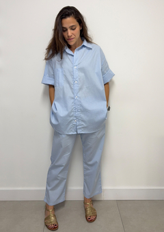 Camisa Oversized de Manga Curta Azul Algodão - loja online