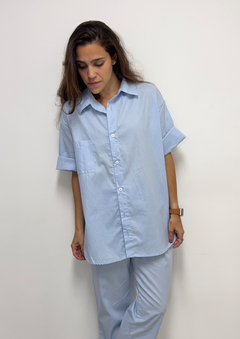 Camisa Oversized de Manga Curta Azul Algodão - comprar online