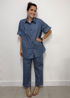 Camisa Oversized de Manga Curta Denim Listrado na internet