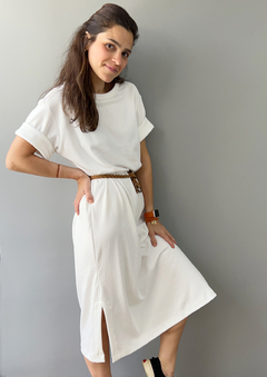 Imagem do Vestido Midi Básico Em Malha De Algodão Com Fenda Off White