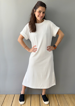 Vestido Midi Básico Em Malha De Algodão Com Fenda Off White - loja online