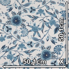 TECIDO IMPERMEÁVEL ASTURIAS 117 FLOR FOLHAS AZUL CRU - loja online