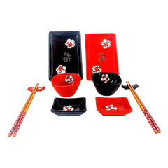 Set De Sushi de Cerámica Para 2 Personas 10 Piezas Negro Y Rojo
