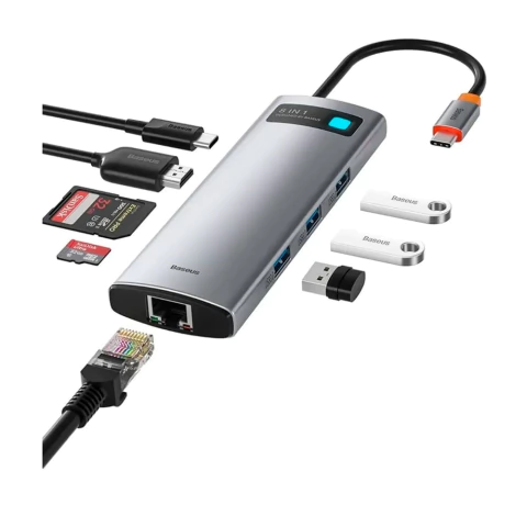 Hub Dock Station Baseus 8 Em 1 Thunderbolt Metal Glean Hdmi/RJ-45/Cartão Sd/Cartão TF/USB 3.0x3 /PD100W - WKWG000103