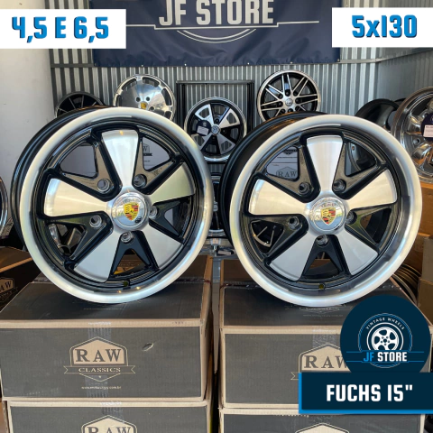 Jogo de Rodas Raw Classics Réplica Porsche 911 Fuchs Aro 15 Tala 4,5 e 6,5 Preta Diamantado / 5 Furos (5x130)