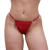 Calcinha fio dental vermelha com tecido liso e tiras finas nas laterais usada por modelo, 
