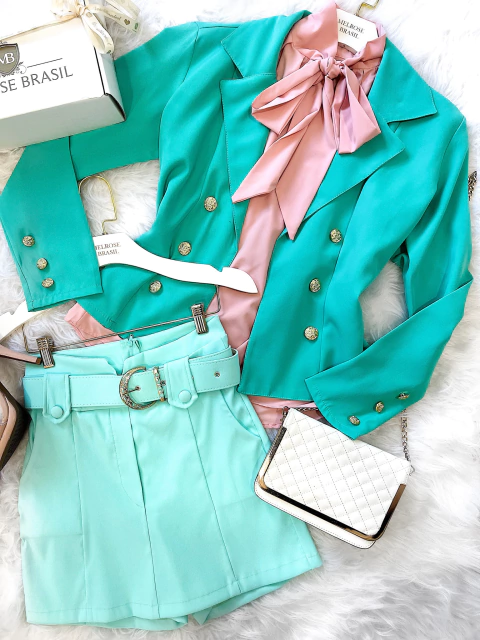 CASAQUINHO ESTILO BLAZER LUCIANA NA ALFAIATARIA/BOTÕES DOURADOS( COR VERDE TIFFANY)