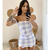 CONJUNTO LARA NO PONTO ROMA/CROPPED E SAIA POSSUEM ZÍPER /FORRO(ESTAMPA XADREZ/ LILÁS E BRANCO)