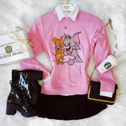BLUSA /MOLETON MB NO MOLETINHO COM ELASTANO( COR ROSA/TOM & JERRY)