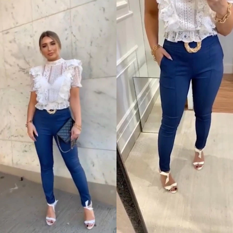 CALÇA NO BENGALINE C/ ELASTANO MB /ACOMPANHA FAIXA COM FIVELA DOURADA ( COR AZUL)