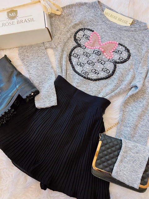 TRICOT MB DELUXE MINIE/ DETALHES EM PEROLAS E CHATONS( CINZA MESCLA)