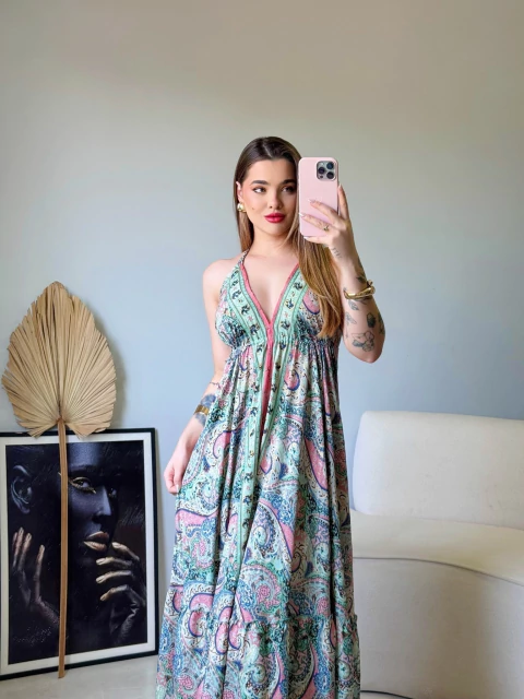 Vestido Indiano Jade Longo /Detalhes Gold/Costas Nua ( TONS VERDE ÁGUA/ROSA) - comprar online