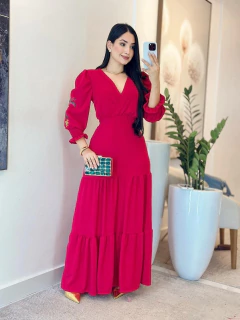 101 - Vestido Gola V | Manga Bordada - comprar online