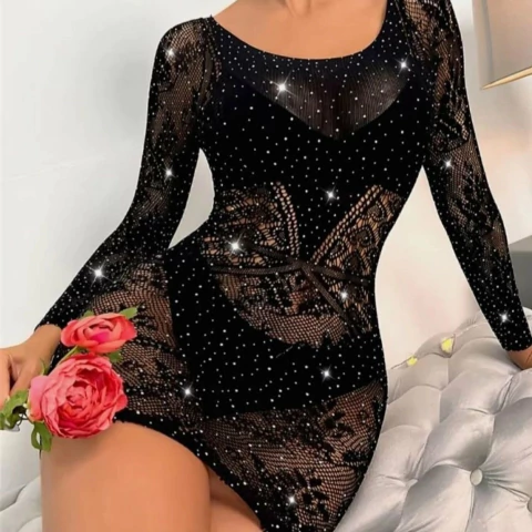 Vestido arrastão lily com manga longa e strass