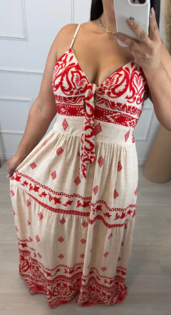 Vestido Longo Estampado Grega Vermelho na internet