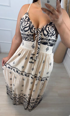 Vestido Longo Estampado Grega Preto - comprar online