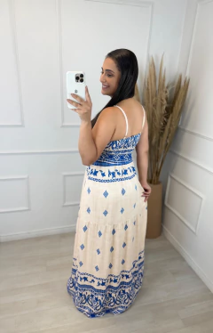 Vestido Longo Estampado Grega Azul na internet