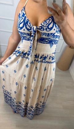 Vestido Longo Estampado Grega Azul - comprar online