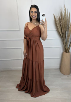 Vestido Longo Transpassado Crepinho Marrom - loja online