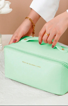 Necessaire Bolsa Couro Pu Feminina Organizador Viagem Maquiagem Cosmeticos Grande - Verde Claro
