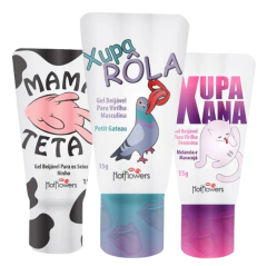 Kit Erótico com Geis Beijáveis Mama Teta, Xupa Rola e Xupa Xana Hot Flowers