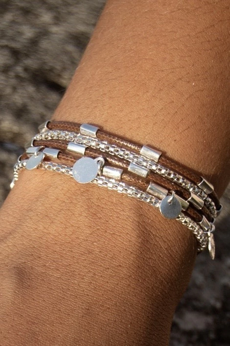 Pulseira Couro Marrom Canutilho Prata - comprar online