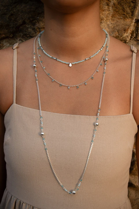 Colar Longo Bolinha Prata Cristal Azul - comprar online