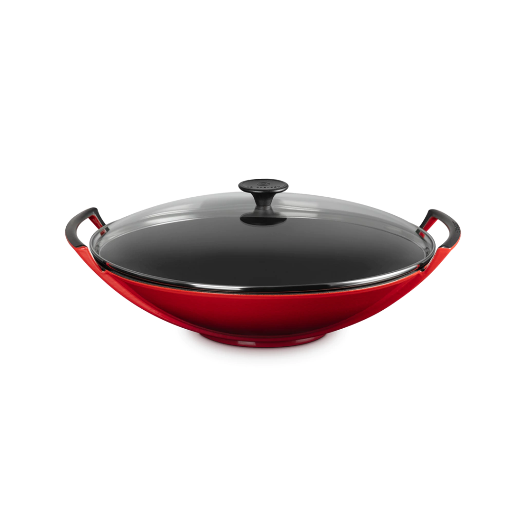 Wok de hierro fundido con tapa de cristal cereza
