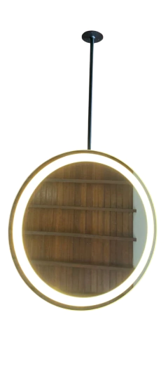 Espelho redondo suspenso com iluminação em LED ao redor da borda, 