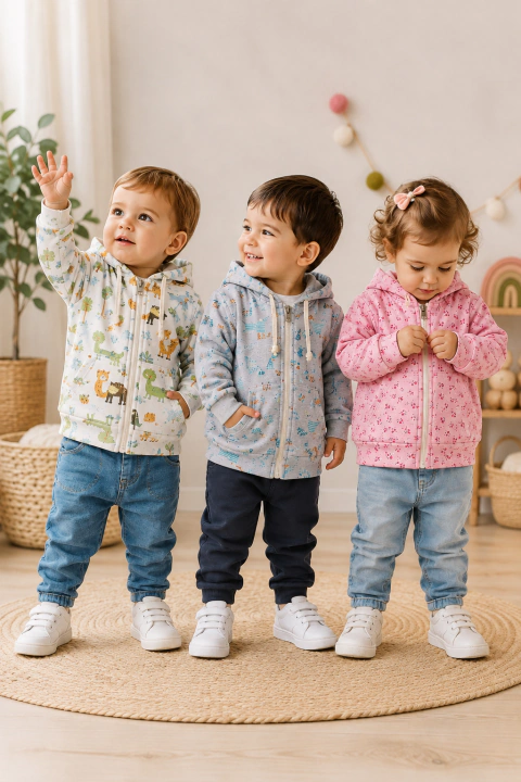 Campera bebé interlock con capucha varios colores