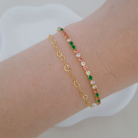 Pulseira dupla coração entrelaçado e riviera colors