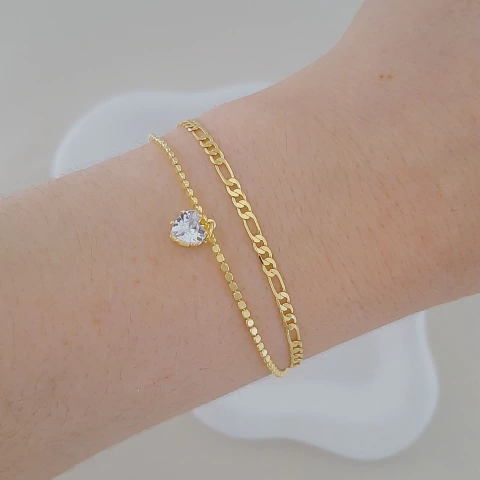 Pulseira dupla fígaro e bolinhas achatadas com coração zircônia - comprar online