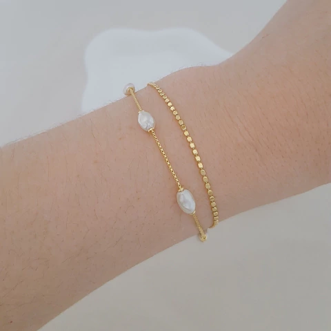 Pulseira dupla chapinha e pérola água doce oval