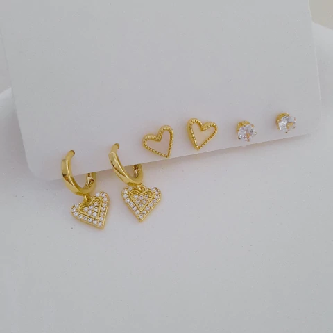 Trio argolinha coração zircônia madrepérola e ponto de luz