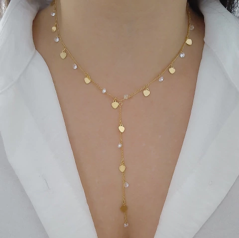 Colar gravata medalha coração com pingente zircônia