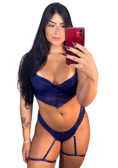 Conjunto Lingerie Rendado Bicolor Sensual com Liga Thaiene